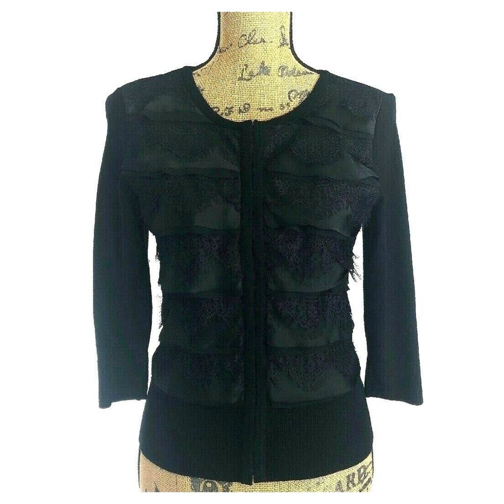 WHITE HOUSE BLACKโ MARKET Cardigan SMALL Lace Satin Tier 3/4 Sl Sweater Stretch